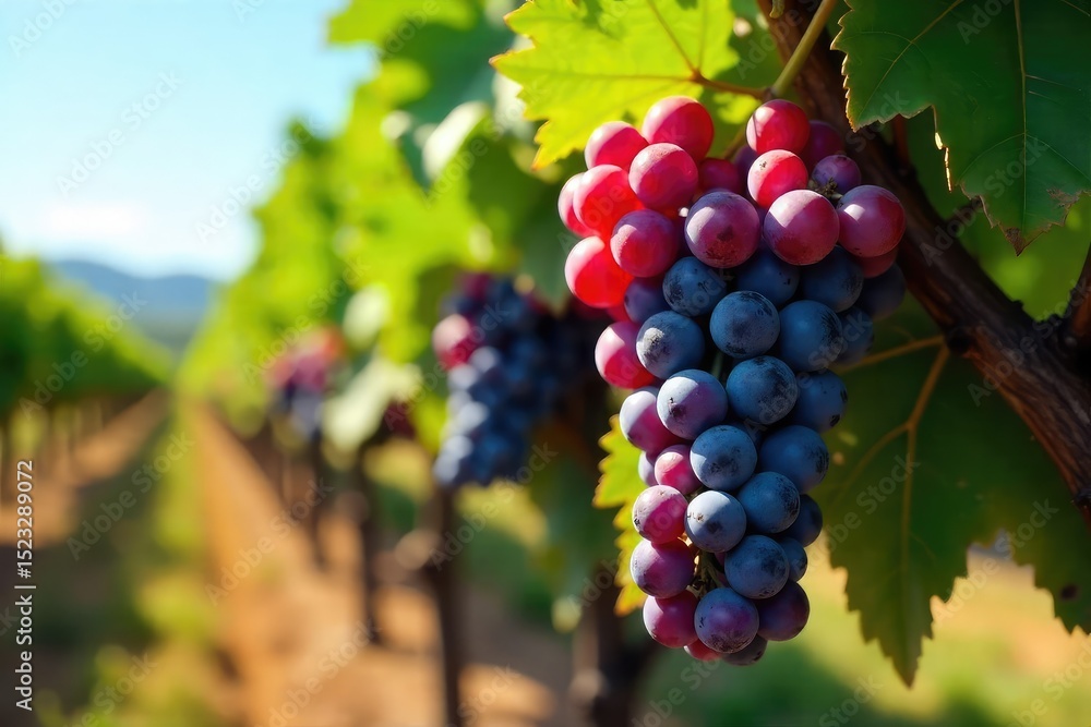 Naklejka premium Sun-drenched Pinot Noir grapes hanging heavy on the vine, ready for harvest at a picturesque winery Rows of vines stretch to the horizon under a clear blue sky , france, pinot