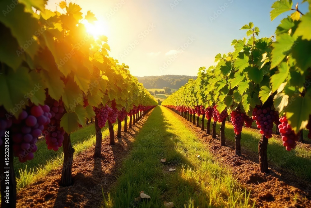 Fototapeta premium Sun-drenched vineyard bursting with ripe grapes ready for harvest Rows of vines laden with plump, juicy fruit, ready for the autumnal harvest Golden sunlight bathes the scene , crop, country