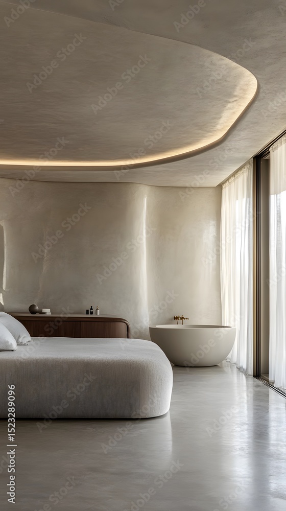 Fototapeta premium A modern bedroom suite with a distinctive, curved ceiling and a freestanding bathtub.