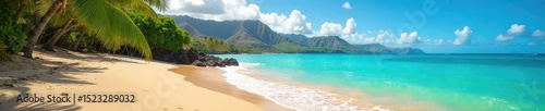 Sun-drenched Oahu beach, turquoise water lapping gently against the golden sand, lush tropical foliage in the background Perfect postcard scene of Hawaiian paradise , island, relaxation, vacation