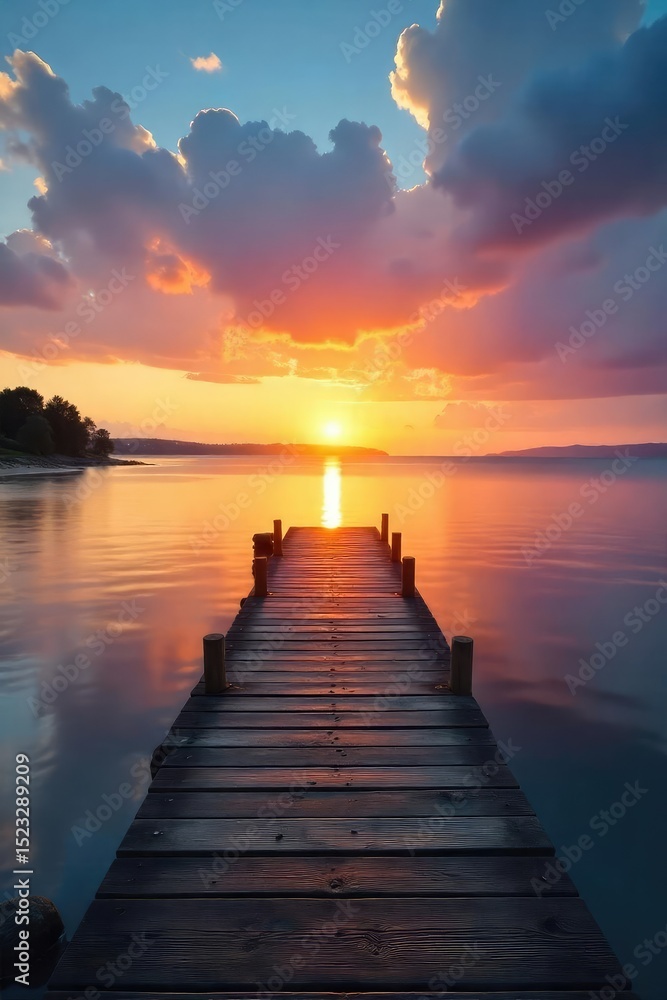 Fototapeta premium Tranquil scene of a wooden dock extending into calm waters, meeting a serene shoreline at sunset Perfect for travel, nature, or relaxation themes , clouds, bay, tranquil