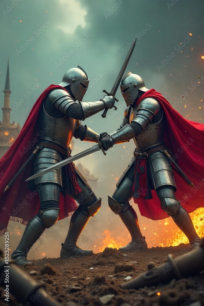 Fototapeta premium Two armored knights clash swords in a fierce medieval battle, sparks flying, amidst a chaotic battlefield strewn with fallen weaponry , sword, historical reenactment
