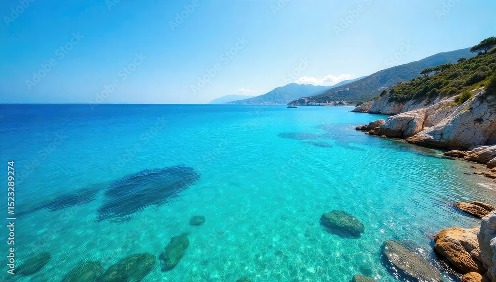 Fototapeta premium Stunning azure waters of the Mediterranean Sea sparkle under the bright sun Crystal clear, calm surface reflects the vibrant sky Ideal for travel, vacation, and summer themes , peaceful, sea