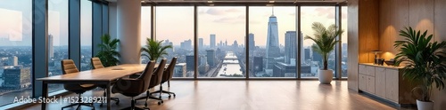 Modern London office space with large windows offering stunning city views, stylish minimalist design, perfect for corporate or startup businesses , skyscraper, city