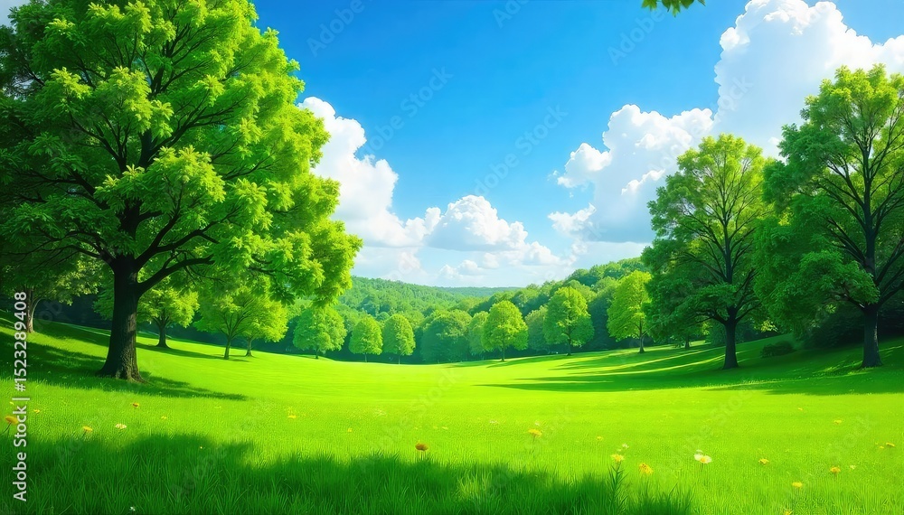 Obraz premium A vibrant summer scene featuring a freshly cut lawn, lush green trees, and a bright blue sky Perfect for themes of relaxation, nature, and carefree summer days , vibrant, outdoors, trees