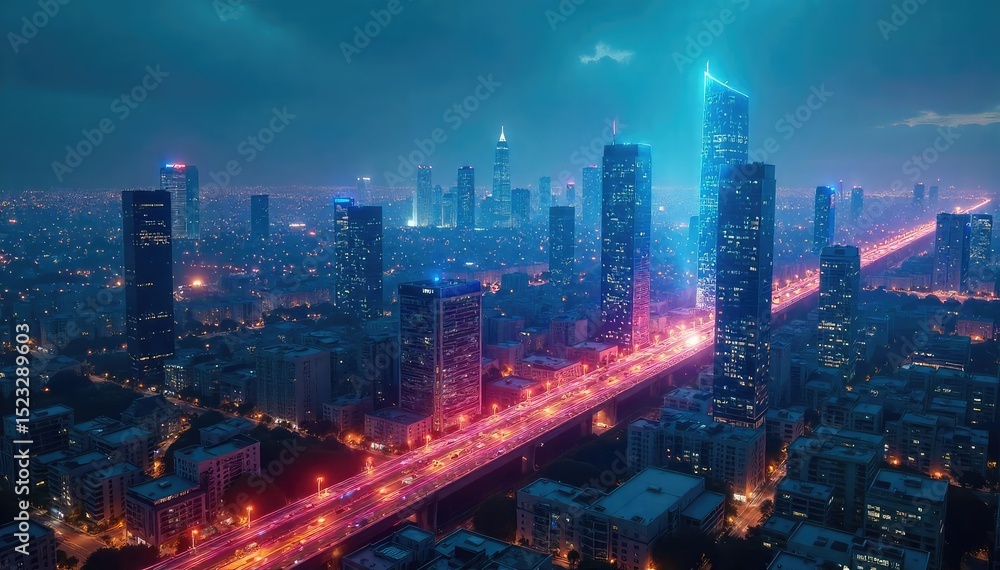 Obraz premium A futuristic cityscape with holographic projections connecting buildings, symbolizing the interconnectedness of the internet and its pervasive influence on modern life , communication, lines, flow