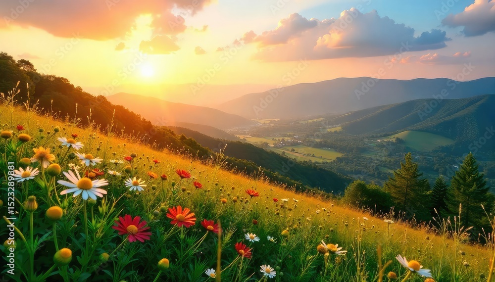 Fototapeta premium Golden hour sunlight bathes a verdant hilltop, wildflowers in bloom, overlooking a tranquil valley Perfect for summer, nature, and travel themes , summer, awesome