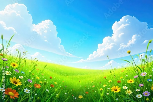 Lush green meadow teeming with wildflowers and grasses under a vibrant blue sky Perfect for nature, ecology, and environmental themes , vibrant, blossom
