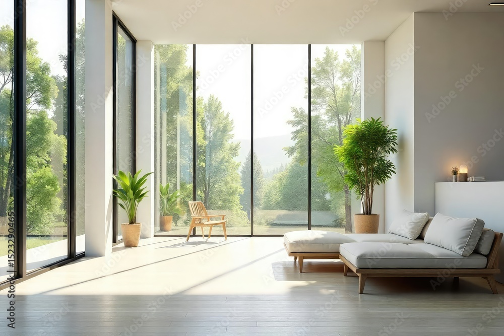 Fototapeta premium Sunlight streams through large, modern windows illuminating a bright, airy interior space Clean lines and minimalist decor create a serene atmosphere perfect for relaxation or work , modern, windows