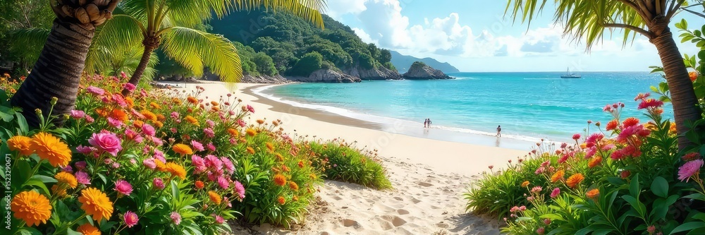 Fototapeta premium Serene coastal garden overflowing with vibrant blooms, lush greenery, and sandy beach in the background Perfect for relaxation, travel, and nature themes , landscape, travel