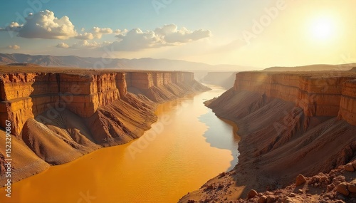 A sweeping view of the Yellow River, its muddy waters carving through a vast, arid landscape under a brilliant sun The river's ochre color is striking against the dry earth , geology, image, canyon