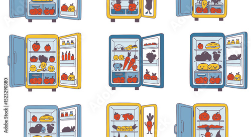 Cartoon Fridges Filled with Food: Vector Illustration