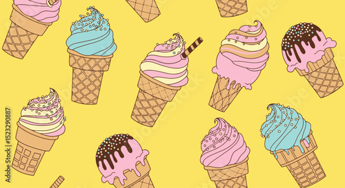 Ice Cream Cone Dream: Colorful Dessert Pattern on Yellow