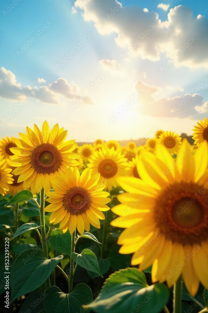 Fototapeta premium A vibrant sun shines on a field of sunflowers, radiating joy and positive energy The bright yellow blooms represent pure, unadulterated happiness and summer bliss , garden, joy