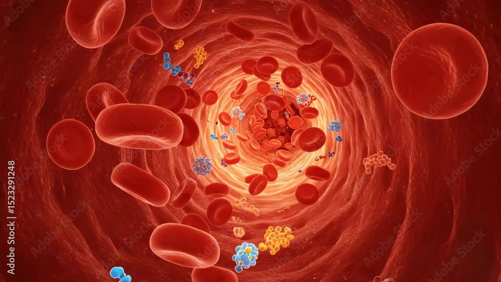Detailed illustration of blood vessel and red blood cells circulation