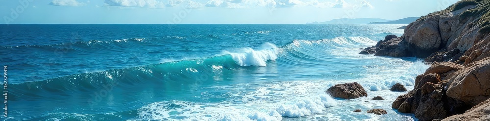 Naklejka premium Vast, deep blue ocean waves crashing against a rocky coastline, creating a dramatic seascape under a bright sky Perfect for travel, nature, and environmental themes , marine, beach, water