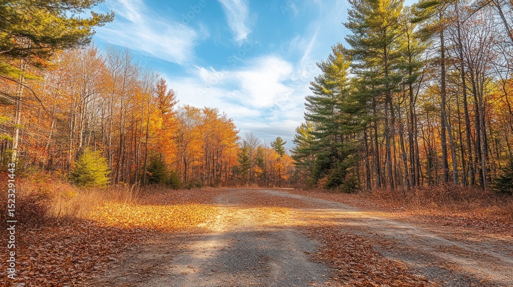 Fototapeta premium Autumnal forest path under a vibrant sky