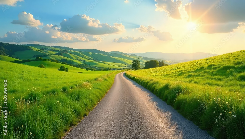 Serene country lane meanders through idyllic rolling hills and lush green pastures, sunlight dappling the path Perfect for travel, nature, and rural themes , vista, bushes, rolling hills Serene country lane meanders through idyllic rolling hills and lush green pastures, sunlight dappling the path Perfect for travel, nature, and rural themes , vista, bushes, rolling hills