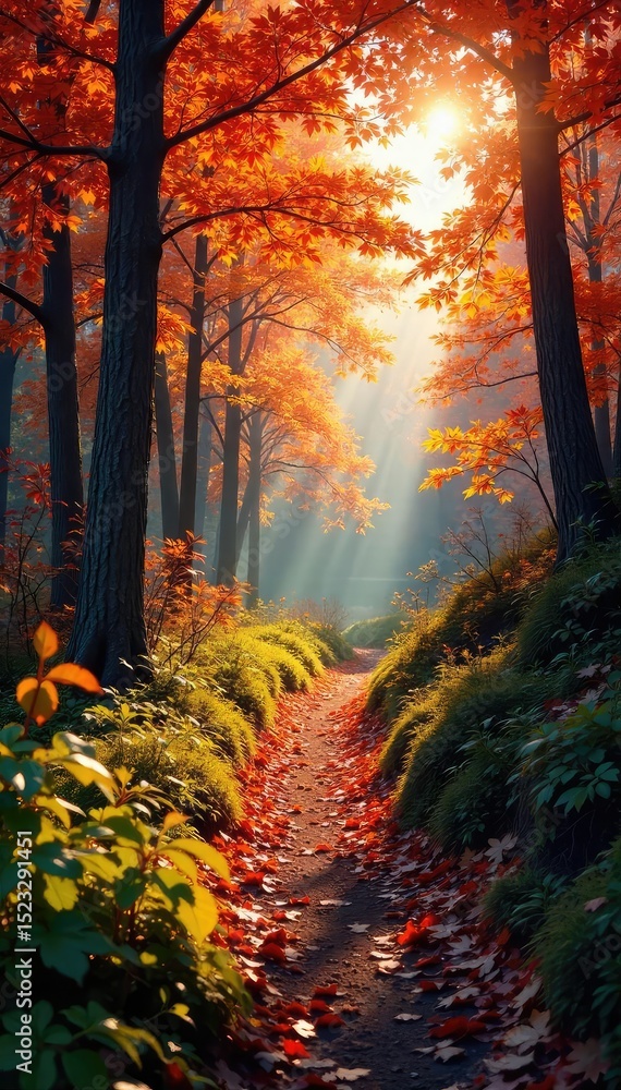 Fototapeta premium Vibrant autumn leaves ablaze on a scenic hiking trail, sunlight dappling through the trees Perfect for travel, nature, and outdoor adventure themes , majestic, picturesque