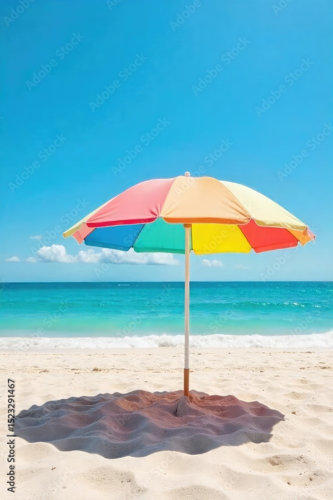 Vibrant beach umbrella providing shade on a sunny day, casting a shadow on the sand Perfect for summer vacation, relaxation, and seaside enjoyment , tropical, outdoor, vibrant Vibrant beach umbrella providing shade on a sunny day, casting a shadow on the sand Perfect for summer vacation, relaxation, and seaside enjoyment , tropical, outdoor, vibrant