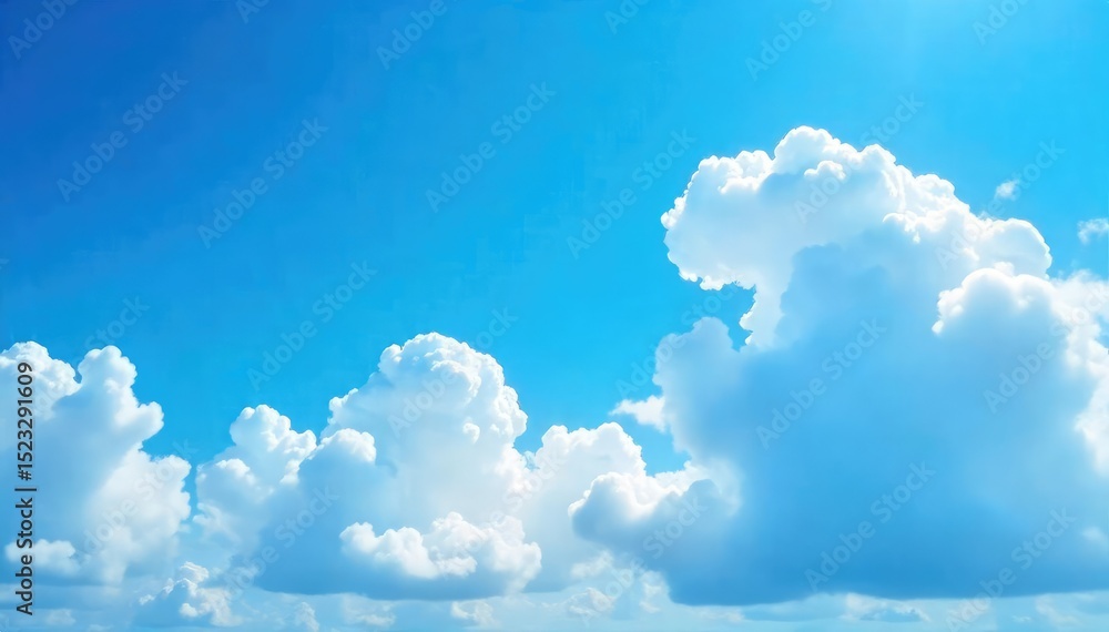 Naklejka premium Vast expanse of a brilliant blue sky, dotted with fluffy white clouds, creating a serene and peaceful atmosphere Perfect for travel, nature, and weather related projects , nimbus, clouds