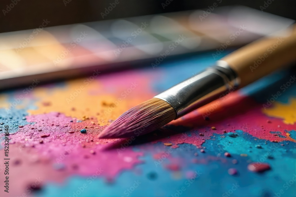 Fototapeta premium Close-up of a paintbrush resting on a vibrant, colorful artist's palette, ready for the next stroke of creative genius The scene is bathed in soft, natural light , still life, creative, colorful