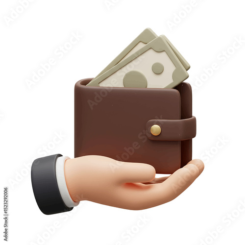 3d hand icon holding a wallet with money isolated on white background