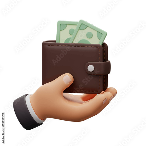 3d hand icon holding a wallet with money isolated on white background
