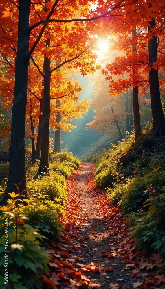Fototapeta premium Vibrant autumn leaves ablaze on a scenic hiking trail, sunlight dappling through the trees Perfect for travel, nature, and outdoor adventure themes , path, ramble