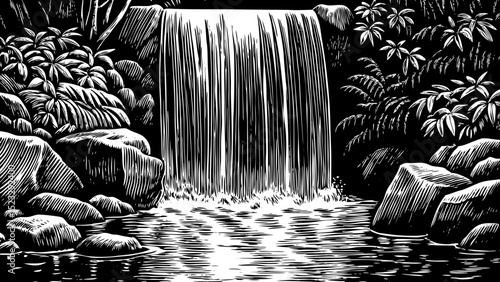 Black and white sketch vector of a rainforest waterfall cascading into a rocky pool