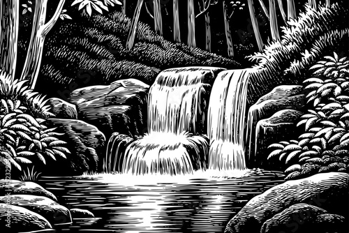 Black and white sketch vector of a rainforest waterfall cascading into a rocky pool