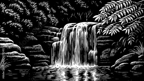 Black and white sketch vector of a rainforest waterfall cascading into a rocky pool