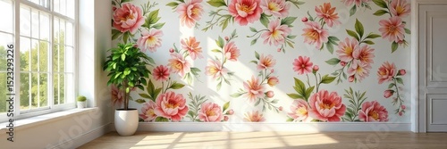 Vibrant floral wallpaper adorns a sunlit interior, creating a cheerful and elegant atmosphere Perfect for home decor, interior design, and spring themes , light, bright, aesthetic