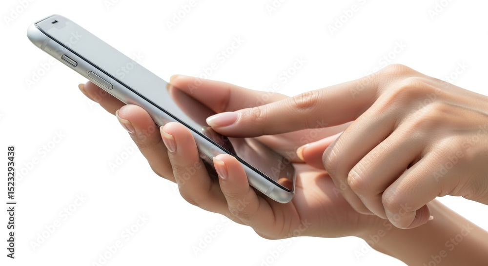 Woman's hands tapping on smartphone screen against white background Woman's hands tapping on smartphone screen against white background