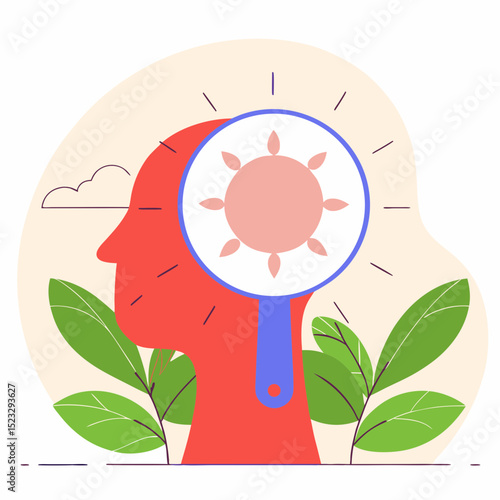 A red head with a mirror on it and a sun in the middle. The sun is surrounded by leaves