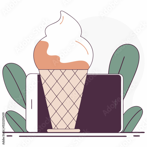 A cartoonish drawing of an ice cream cone with a cell phone on top of it. Scene is playful and lighthearted