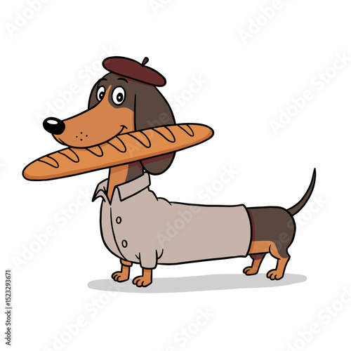 Cartoon dachshund wearing beret and holding baguette in mouth  