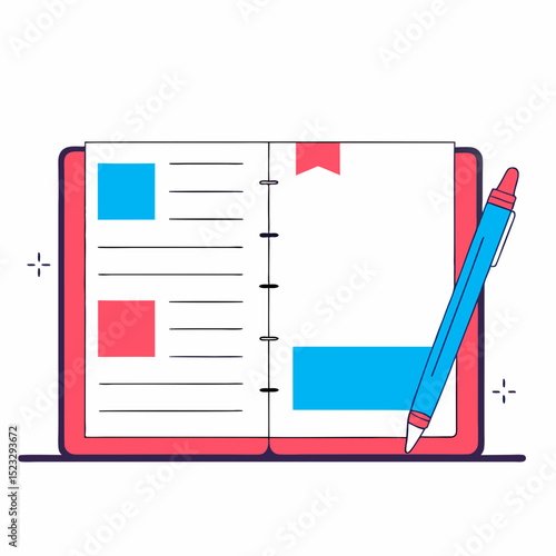 A red notebook with a blue pen on top of it. The notebook is open to a blank page, ready for writing. The pen is placed on the page, ready to be used