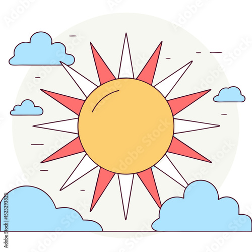 A cartoon sun with a white and red circle around it. The sun is in the middle of the image