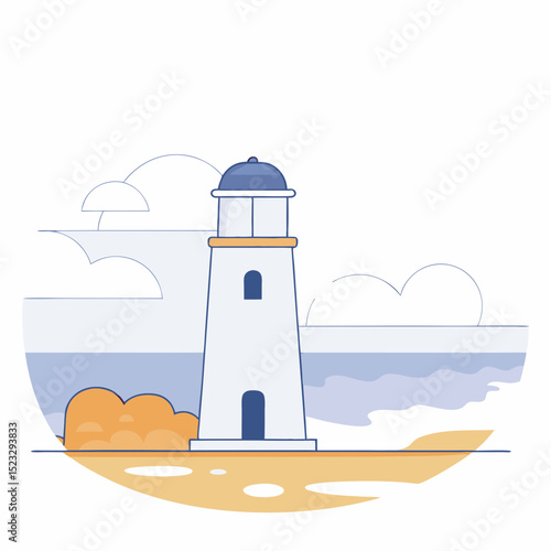 A lighthouse is on a beach near the ocean. The lighthouse is white and has a blue roof. The sky is cloudy and the water is calm