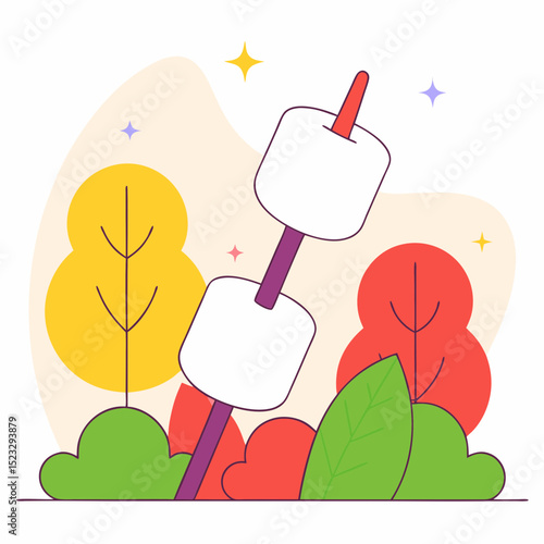A cartoon of a marshmallow stick with a marshmallow on top of it. The stick is leaning on a tree
