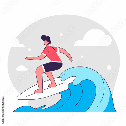 A man in a red shirt and black shorts is surfing on a wave. The image has a fun and energetic mood, as the man is enjoying the thrill of riding the wave