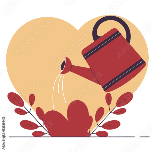 A red watering can is pouring water into a heart. Concept of nurturing and caring for something, like a plant or a relationship. The heart shape of the watering can symbolizes love and affection