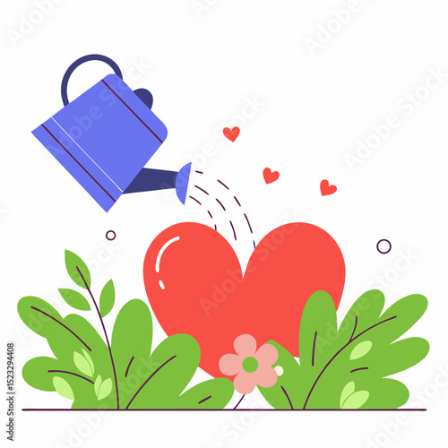 A blue watering can is pouring water on a red heart. The heart is surrounded by green leaves and flowers. Concept of love and care, as the watering can is providing nourishment to the heart