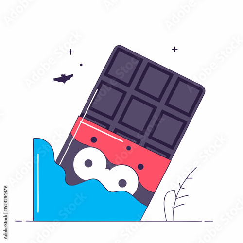 A cartoonish chocolate bar is falling into a pool of water. The chocolate bar is wearing a pair of eyes and has a red stripe on its side. Scene is playful and lighthearted