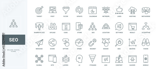Web traffic statistics and analytics of algorithm, content search, support with magnet and filter of sales thin black outline symbols vector illustration. SEO optimization line icons set.