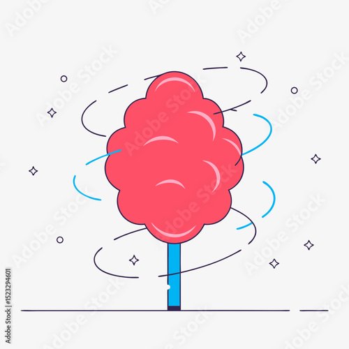 A cartoon drawing of a red cotton candy tree with a blue pole. The tree is spinning and the cotton candy is blowing in the wind