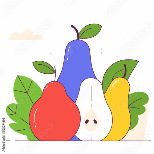 A drawing of three different colored pears with green leaves. The pears are red, blue, and yellow