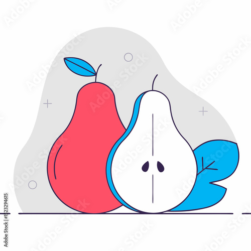 Two pears with a leaf on top. The pears are red and white. The leaf is green