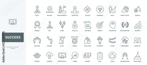 Ambition arrows grow, medal and puzzle thin black outline symbols vector illustration. Business success awards, target prize for path, mission and challenge of leadership line icons set.